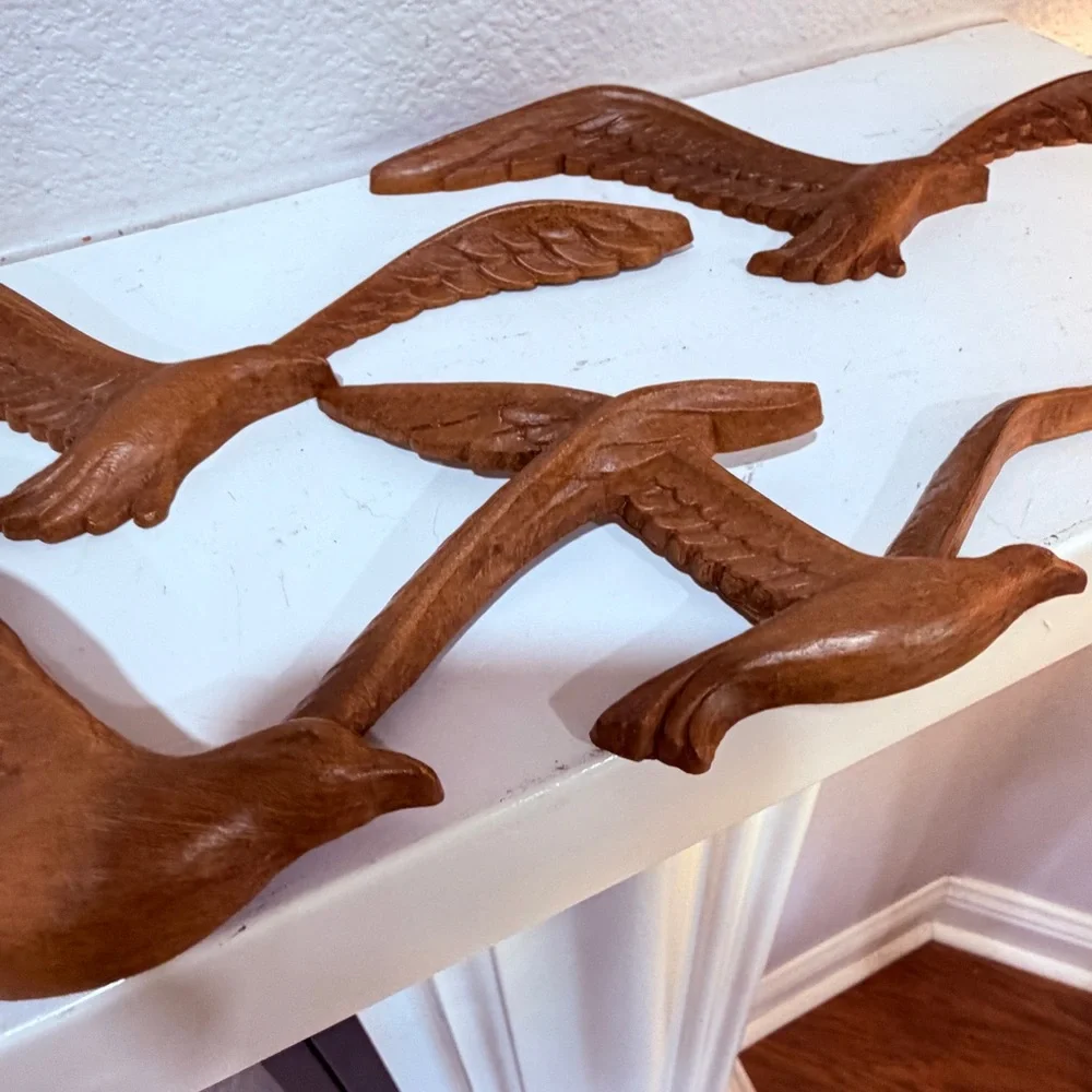 Vintage Faux Wood Flying Birds Wall Decor Set Mid Century Style Resin